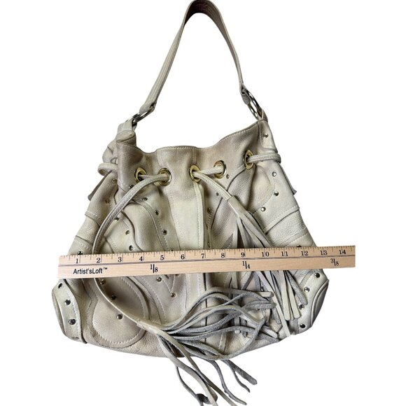 Vintage Bulga White Leather Studded Fringe Handbag With Shoulder Strap - Picture 3 of 10